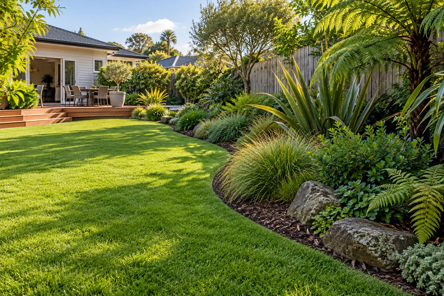A green lawn edged with native tussock planting, beside a timber deck and garden fence